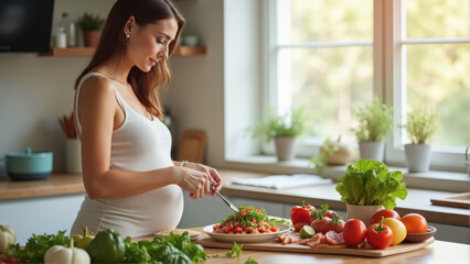 Pregnant woman preparing fresh salad in bright kitchen