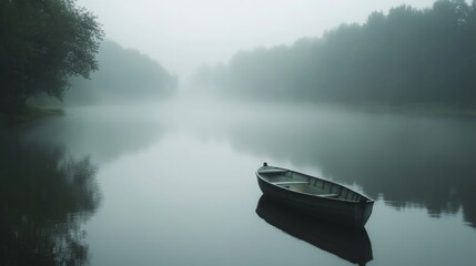 Poster - A Lone Rowboat on a Misty Lake Surrounded by Trees