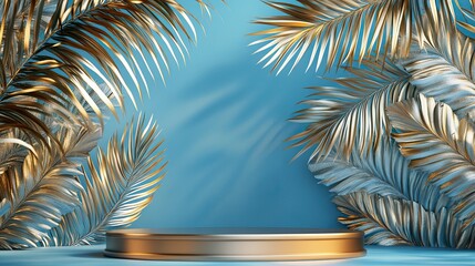 Aufkleber - Catwalk podium decorated with tropical palm leaves on a blue background.