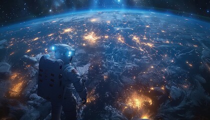 Wall Mural - astronaut gazing at earth's city lights from space