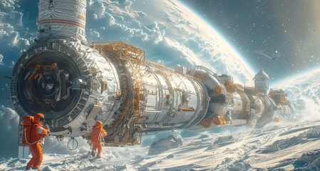 Wall Mural - two astronauts on a snowy planet with a large space station in the background