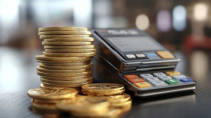 A stack of gold coins next to a credit card reader.