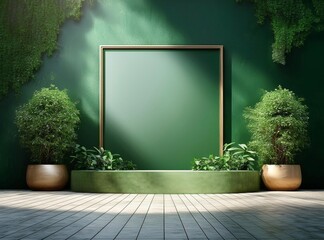 The elegant and beautiful backdrop stage with dark green background, empty frame, stage, sunlight, shadow, decorative plants