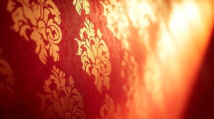 Ornate red wallpaper with gold floral patterns, creating an elegant and luxurious ambiance.