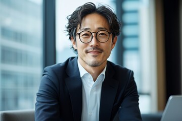 A professional man with glasses smiles warmly in an office setting, exuding friendliness and approachability, with a modern city view in the background.