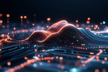 Poster - An intricate digital grid displays luminous orange peaks undulating across a detailed circuit, suggesting technological connectivity and advancement with precision and style.