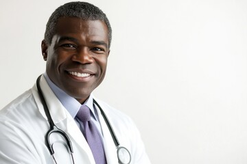 An African-American male doctor in a white lab coat smiles on a white isolated background, looks at the camera, a place to copy, a place to text, health