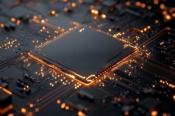 Poster - A central microchip prominently displayed on a circuit board with glowing orange traces, showcasing electronic complexity and technological prowess.