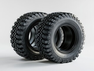 Two rugged tires displayed on a plain background, showcasing their tread patterns and robust design, ideal for off-road vehicles.