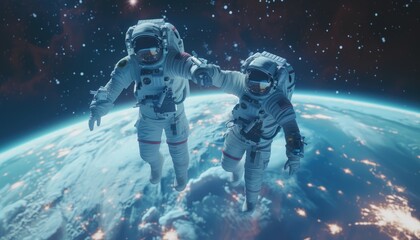 Wall Mural - two astronauts floating in space above earth