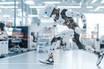 Poster - A highly advanced humanoid robot is captured mid-sprint in a sleek, modern workspace, highlighting its agility and cutting-edge technological design.