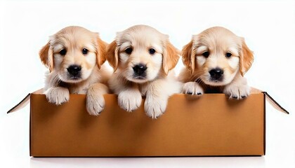 3 small Golden Retriever dog puppies in a cardboard box on white background, isolated cutout