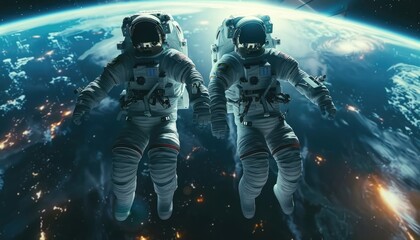 Wall Mural - two astronauts floating in space with earth in the background