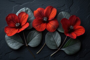 Poster - Three Red Flowers with Veined Petals and Green Leaves on a Dark Surface