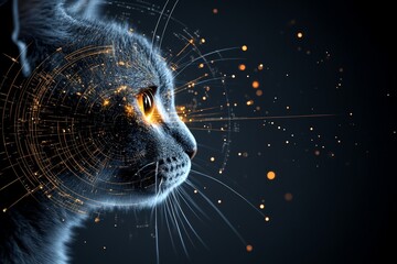 Poster - A close-up of a cat's face merged with futuristic digital elements, creating an abstract swirl of glowing lights. Perfect for tech or animal themes and modern designs.