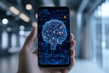 Poster - A digital neural network visualized on a smartphone screen, illustrating the concept of artificial intelligence and technological advancement in a futuristic setting.