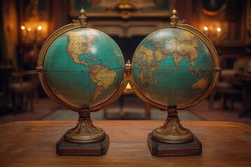 Two Antique Globes Facing Each Other on Wooden Table