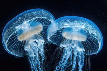 Two Bioluminescent Jellyfish Glowing in the Dark