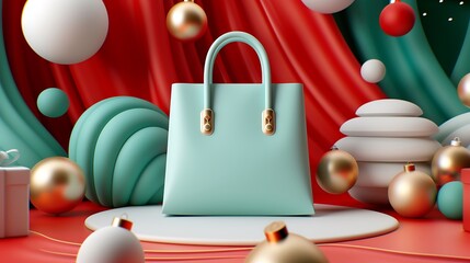 Wall Mural - 3D Elegant Gift Bag on a Festive Background Setup. Christmas Theme