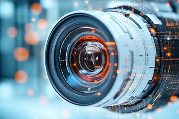 Poster - A close-up image of a camera lens with a futuristic digital interface, illustrating the blend of technological advancements with artistic visual design.