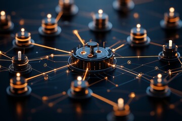 Poster - A central digital hub with interconnected nodes and glowing lines representing a futuristic and highly connected network system on a dark background.