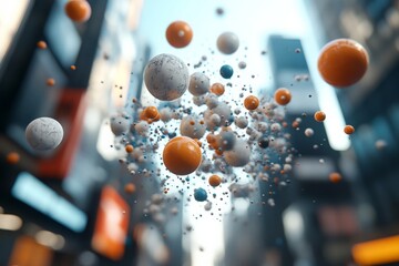 Poster - A variety of colorful, floating spheres in a digital urban environment, representing dynamic movement and futuristic design in a bustling cityscape.