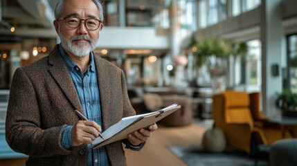 Asian male businessman in suit holding tablet and pen standing in office