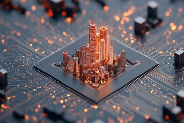 Poster - A futuristic cityscape with glowing skyscrapers emerging from a circuit board, symbolizing the blend of technology and urban development in a modern artistic style.