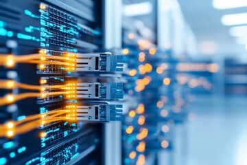 Poster - An image showcasing high-tech servers with illuminated cables, emitting a digital glow. It illustrates the heart of modern data storage and networking infrastructure.