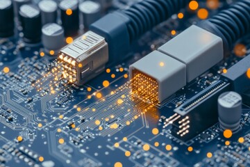 Poster - Fiber optic cables emitting glowing lights on a circuit board, representing rapid data transfer and the integration of advanced technology in communications.
