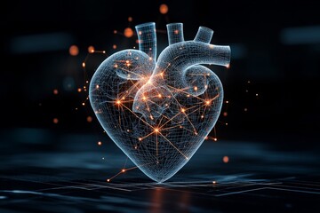 Poster - A 3D-rendered heart with digital wireframe and bright, glowing points representing connections and neural pathways, set against a dark background.