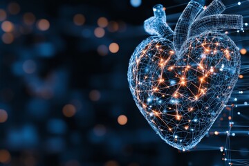 Poster - An advanced digital representation of a heart, featuring a glowing network of interconnected points and wireframe design, set against a futuristic background.