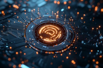 Poster - A circular circuit glowing with vibrant orange lights, set against a complex digital background, symbolizing technology and digital advancement.