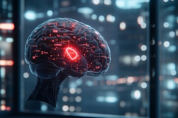 Poster - A digitally rendered brain with vibrant glowing connections, symbolizing neural networks in a matrix of technology and innovation, set in a futuristic cityscape.