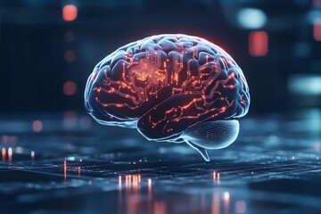 Poster - An abstract, futuristic image of a glowing human brain with intricate orange circuits, symbolizing the complexities of thought and modern scientific exploration.