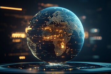 Poster - An aesthetic image portraying the earth with digital lights highlighting a network overlay, representing interconnectedness and global digital communication.