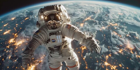 Wall Mural - astronaut floating in space above earth with city lights