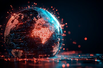 Poster - A digital representation of Earth featuring glowing red and blue network connections spanning across continents, symbolizing global digital communication.