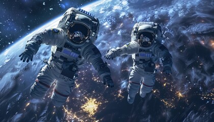 Wall Mural - two astronauts floating in space with earth and stars in the background