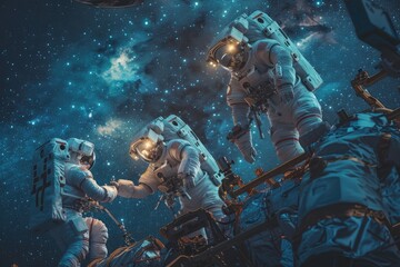 Wall Mural - three astronauts working outside a spacecraft against a starry sky