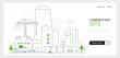 © Boyko.Pictures - Construction site - modern thin line design style vector banner on white urban background. Composition with unfinished city buildings with cranes, trucks and street panorama. Builders at work