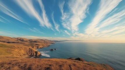 Ocean meeting the sky in a serene landscape with light, wispy clouds scattered above