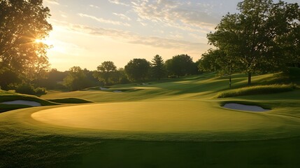 Wall Mural - A golf course green at sunrise with a tree in the foreground