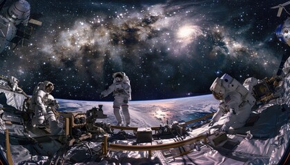 Wall Mural - astronauts working outside a spacecraft with earth and milky way in the background