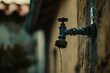 © Stanley - A close-up of an old metal faucet dripping water against a weathered wooden wall in a residential backyard during daylight