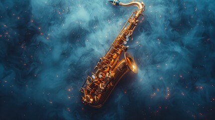 A saxophone highlighted on a black background in smoke . Musical instrument, melody, jazz, orchestra, concert, culture. Hobbies, collecting