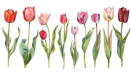 Set of beautiful red and purple spring tulips on white background. Botanical vintage watercolor illustration. Spring composition for greeting cards, holidays 