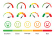 © stoker - Risk meter icon set. Risk concept on speedometer. Rating emojis set. Set of gauges from low to high.  Vector illustration.