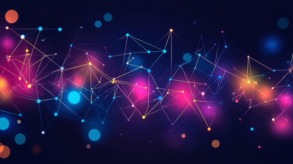 Generative AI abstract illustration of geometric shapes and structures in colorful neon colors and lights in cyberspace against dark background