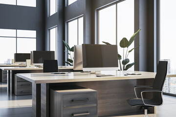 Poster - Modern spacious coworking office interior with windows, city view and daylight. 3D Rendering.
